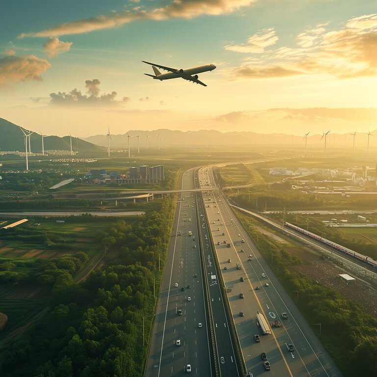 Mittig im Foto ist ein Flugzeug bei Abenddämmerung zu sehen am Boden sieht man Straßen mit Autos, Felder Industriegebäude sowie Windkrafträder
