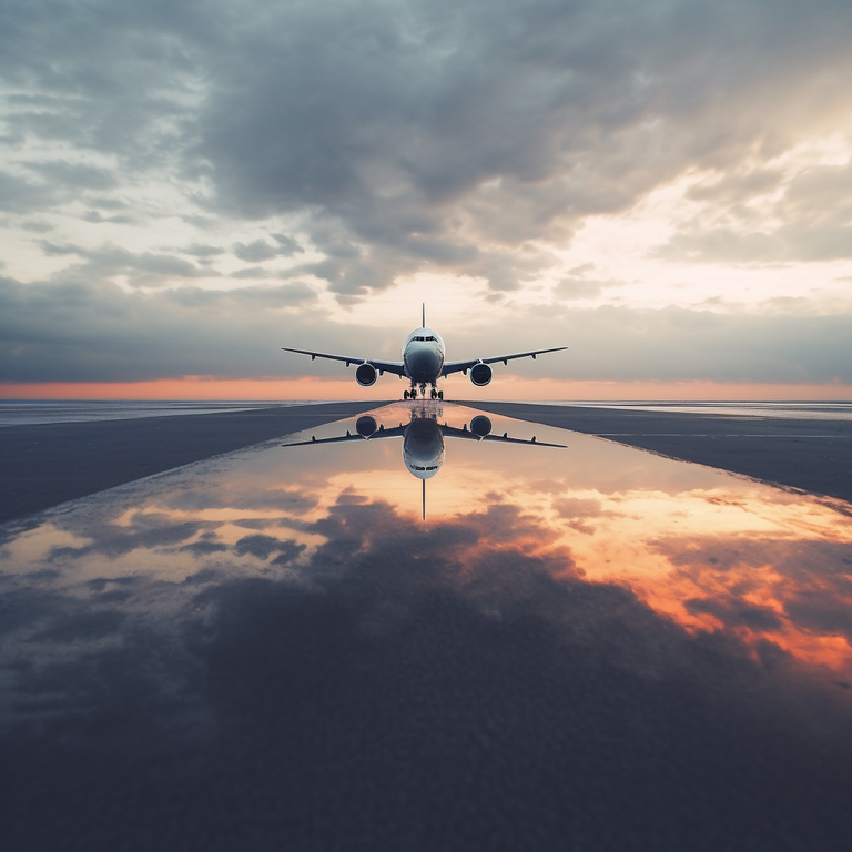 Flugzeug auf dem Rollfeld mit Spiegelung im Wasser vom Flugzeug